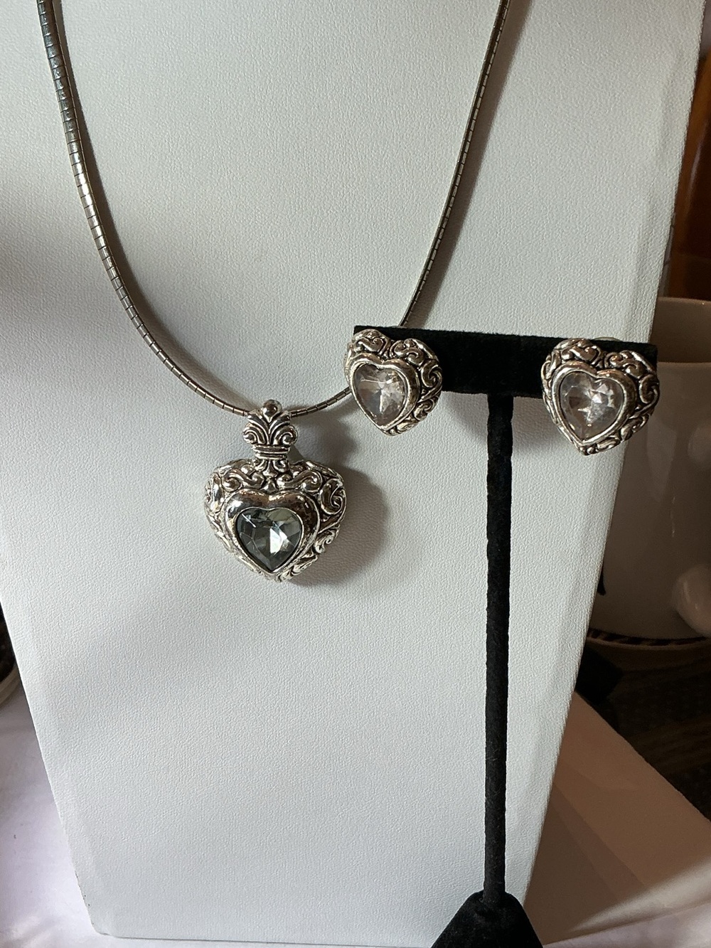 Silver Tone Heart Shaped Pendant Necklace Matching Heart Shaped Earrings